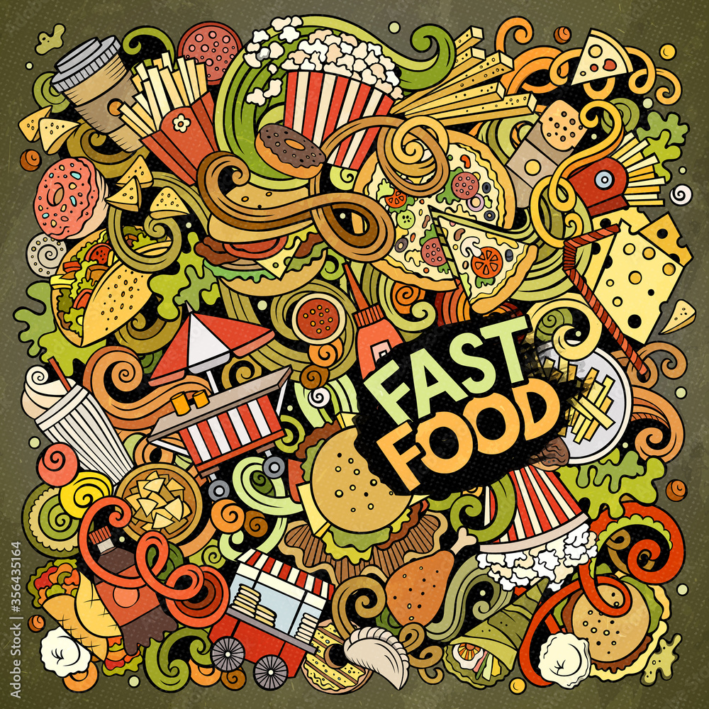 Fastfood hand drawn vector doodles illustration. Fast food poster design.