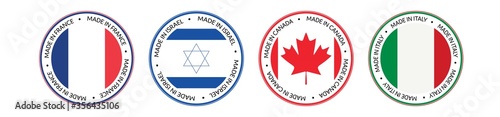 Made in. Set of Made in France, Israel, Canada and Italy in National colors.