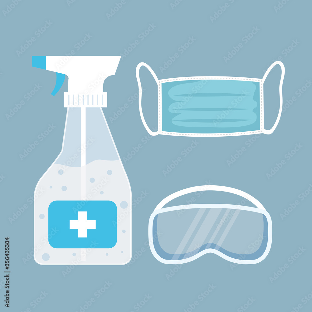 coronavirus protection, bottle disinfectant in spray, medical mask and safety glasses, protect covid 19 vector illustration design