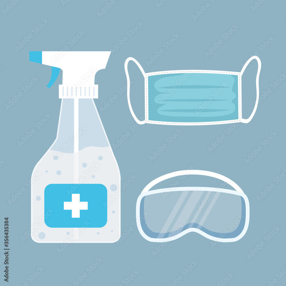 coronavirus protection, bottle disinfectant in spray, medical mask and safety glasses, protect covid 19 vector illustration design coronavirus protection, bottle disinfectant in spray, medical mask and safety glasses, protect covid 19 vector illustration design