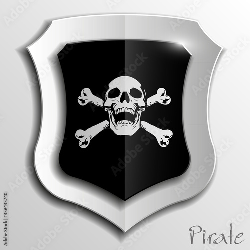 Skull and crossbones icon on shield background