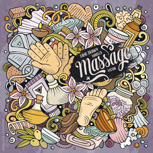 Massage hand drawn vector doodles illustration. Spa salon poster design.