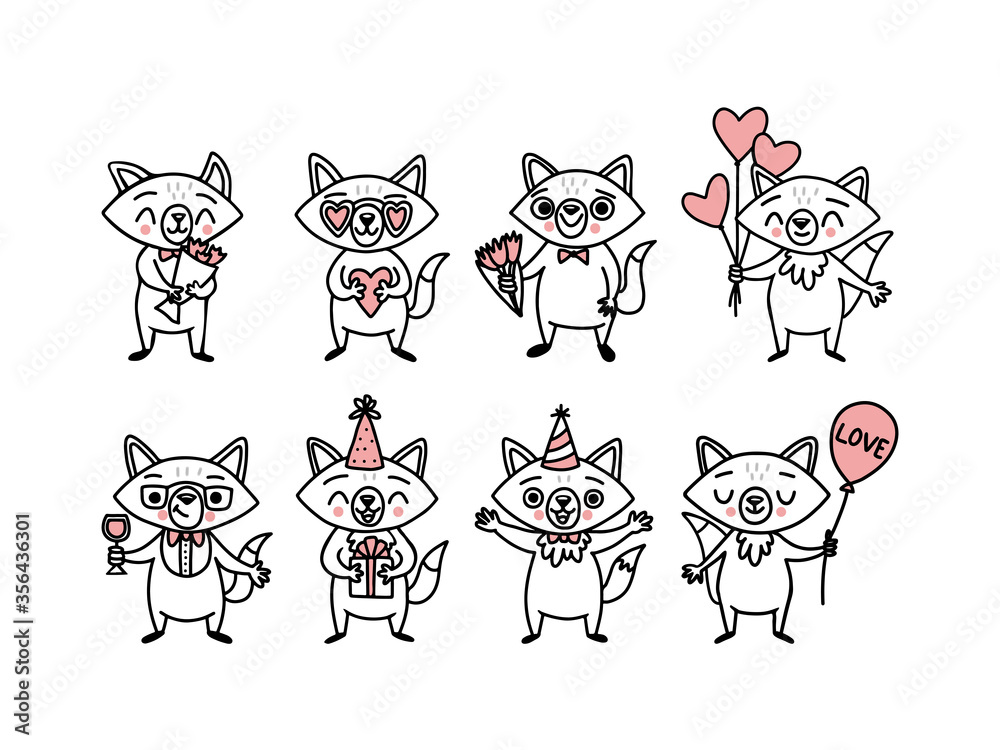 Fototapeta premium Cute doodle vector foxes, hand drawn big set of funny animals. Cartoon characters for holidays stickers