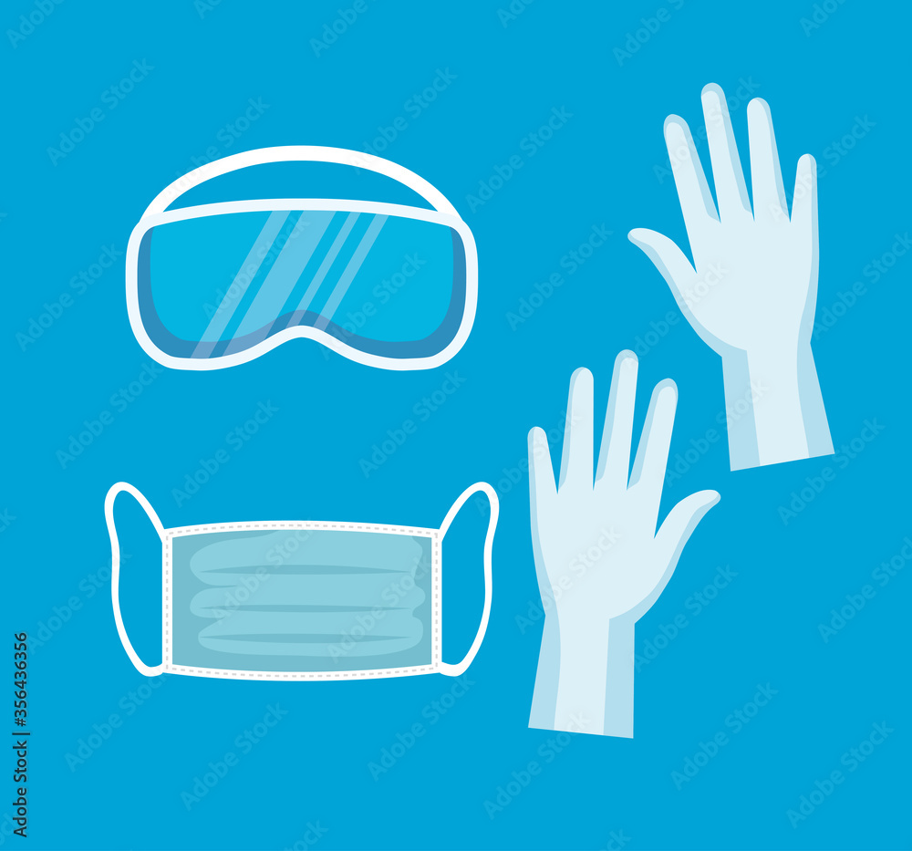medical gloves, medical mask and safety glasses, prevention for coronavirus covid 19 vector illustration design medical gloves, medical mask and safety glasses, prevention for coronavirus covid 19 vector illustration design