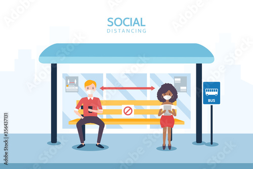 Social distancing concept illustration showing people at a bus station