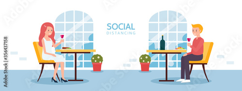 Social distancing concept illustration showing people in a restaurant