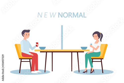 Social distancing concept illustration showing people in a restaurant