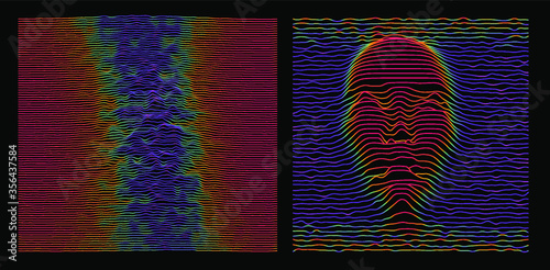 Artificial Intelligence concept. 3D model of human face made of lines, Op art surreal style.