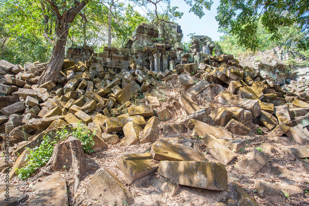 Beng Mealea temple ruins and banyan tree, the Angkor Wat style located east of the main group of temples at Angkor, Siem Reap, Cambodia. Beng Mealea temple ruins and banyan tree, the Angkor Wat style located east of the main group of temples at Angkor, Siem Reap, Cambodia.