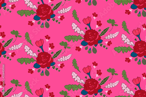 Vector nature seamless pattern with roses, flowers and leaves. Floral texture for fabric design in hand drawn style. Nature print in pink colors