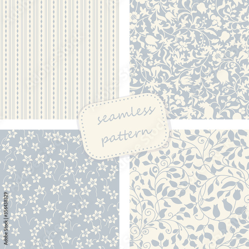 set of 4 vintage seamless patterns in blue and beige colors. Hand drawn. Vector illustration can be used for ceramic tile, wallpaper, textile, invitation, greeting card, web page background