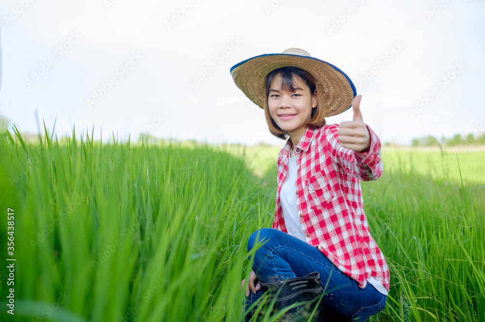 Asian farmer woman wear red shirt and hat sitting and thumb up at green rice farm.