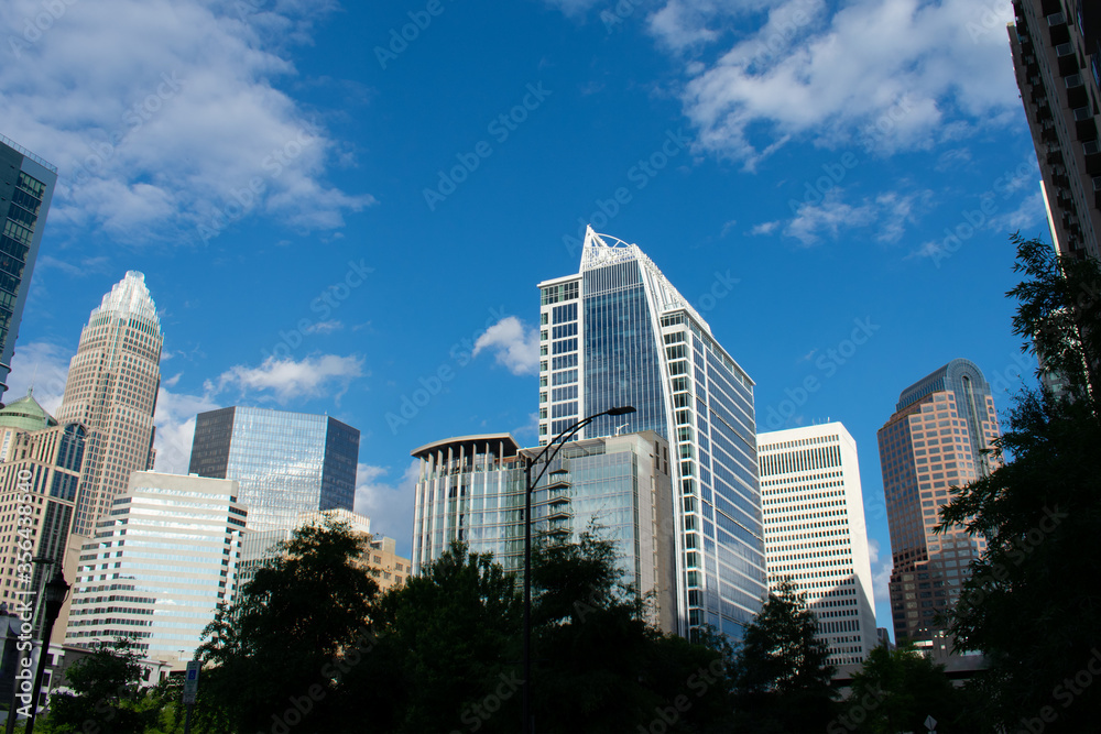 Sky view of finance district Charlotte NC from Marshall Park.