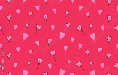Vector nature seamless pattern of leaves in hearts form. Floral texture for fabric design in hand drawn style. Nature print in pink colors