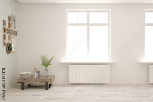 White empty room with wooden table and decor on a wall. Scandinavian interior design. 3D illustration © AntonSh