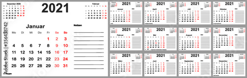 Kalender 2021 für Deutschland mit Feiertagen, Platz für Notizen und oben mit vorherigem und folgendem Monat. Set mit 12 einzelnen Monaten. Wochenstart Montag.