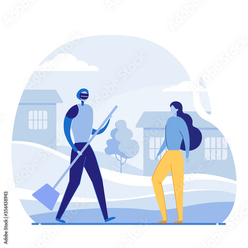 The robot helps to clean the street. The girl controls the execution process. New technologies of the future in daily responsibilities. Android does the work of people. Robot utility. Cartoon flat