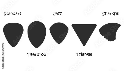Set of guitar picks. Different types of plectrums. Mediator silhouette Isolated on white background.
