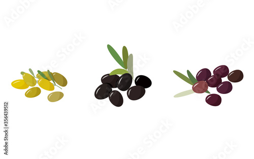 Fresh collection of different colors olives. Green, black and purple berries. Fresh cooking collection.