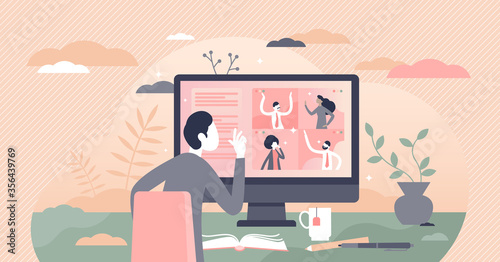 Video conferencing vector illustration. Conversation tiny persons concept.