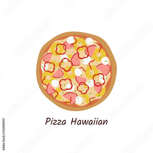 Pizza Hawaiian top view with ingredients. Italian tasty pizza with pineapples, ham, red papper and cheese. Flat style isolated on white background. Vector