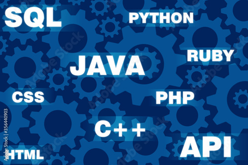 Logos of programming languages. Background consists of gears of