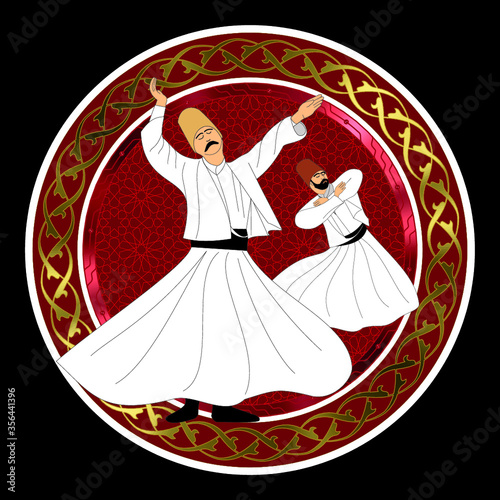 Whirling dervish vector drawing. Symbolic study of mevlevi mystical dance. You can use it as a table, wall clock, wall paper, banner, gift card or book separator.