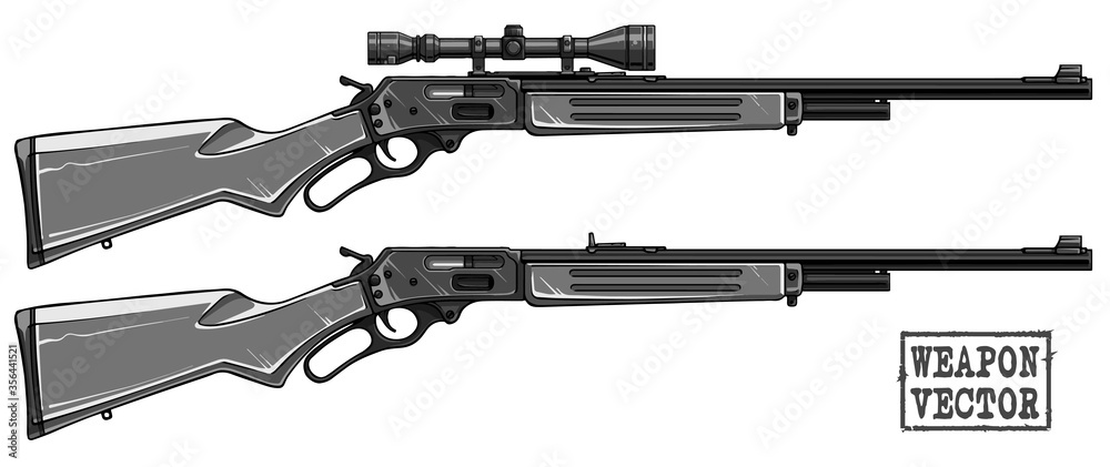 Graphic black and white detailed silhouette shotgun rifle with optical sight and wooden butt. Isolated on white background. Vector icon set.