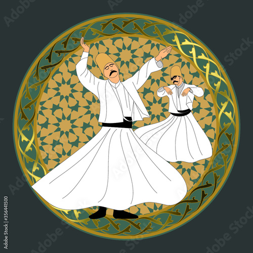 Whirling dervish vector drawing.
Symbolic study of mevlevi mystical dance. You can use it as a table, wall clock, wall paper, banner, gift card or book separator.