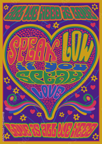 All we need is love 1960s Hippie Art Style Poster, Psychedelic Art, Vintage Lettering, Bright Colors
