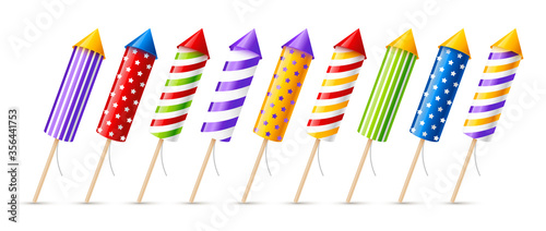 Set of color firework rockets isolated on white background for party design