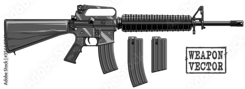 Graphic black and white detailed silhouette modern automatic american assault rifle with ammo clip and plastic butt. Isolated on white background. Vector icon set.