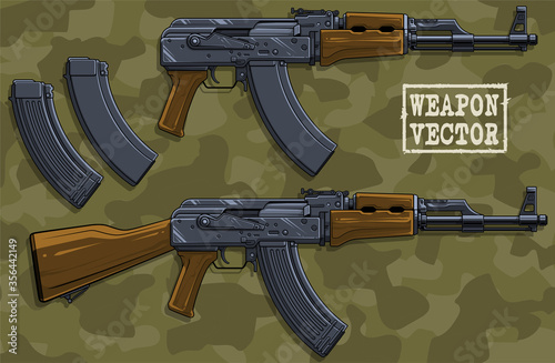 Graphic cartoon colorful detailed modern automatic russian assault rifle with ammo clip and wooden butt. Isolated on green camouflage background. Vector icon set.