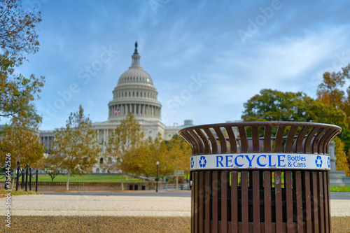 Recycle trash bin in front of the U.S. Capitol Building