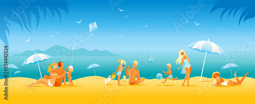 Family beach vacation banner. Summer sea travel background in cartoon style. People fun vector illustration. Happy woman, man, children, kid with sunny beach landscape pattern. Outdoor lifestyle