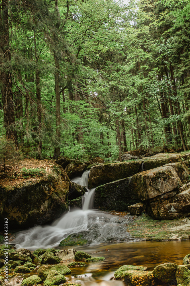 Waterfall photo.Long exposure photo of beautiful Pekelny waterfall,Jizerske mountains,Czech. Motion blurr water in a mountain creek in deep forest. Hiking in a nature reserve.Fresh clean nature scene