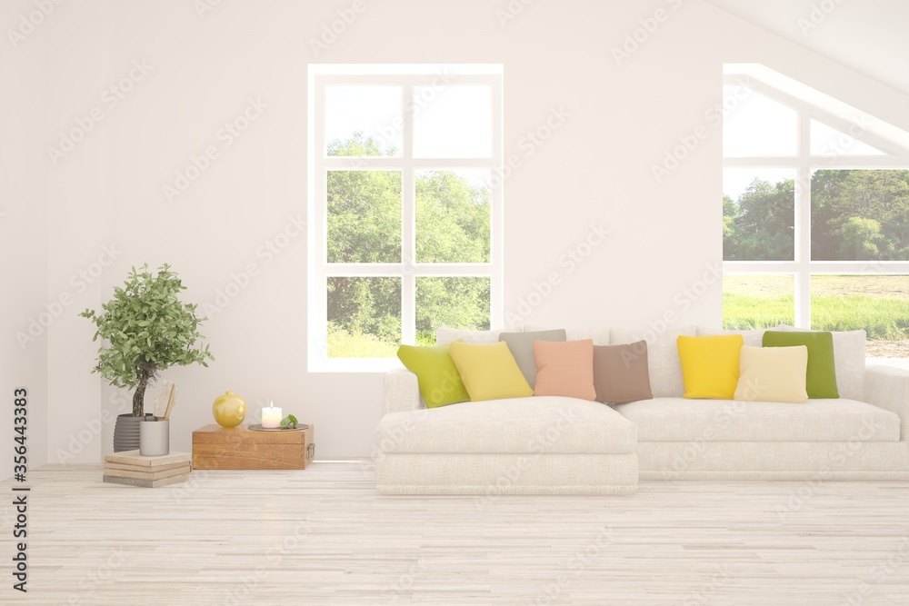 White living room with sofa and summer landscape in window. Scandinavian interior design. 3D illustration White living room with sofa and summer landscape in window. Scandinavian interior design. 3D illustration