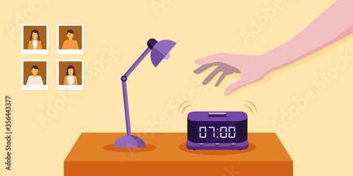 The young man is getting up and turn off the alarm to prepare to continue his daily mission.
Illustration about Turn off the alarm.