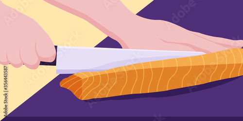 A man chopping salmon for cooking.
Illustration about salmon fillet.
