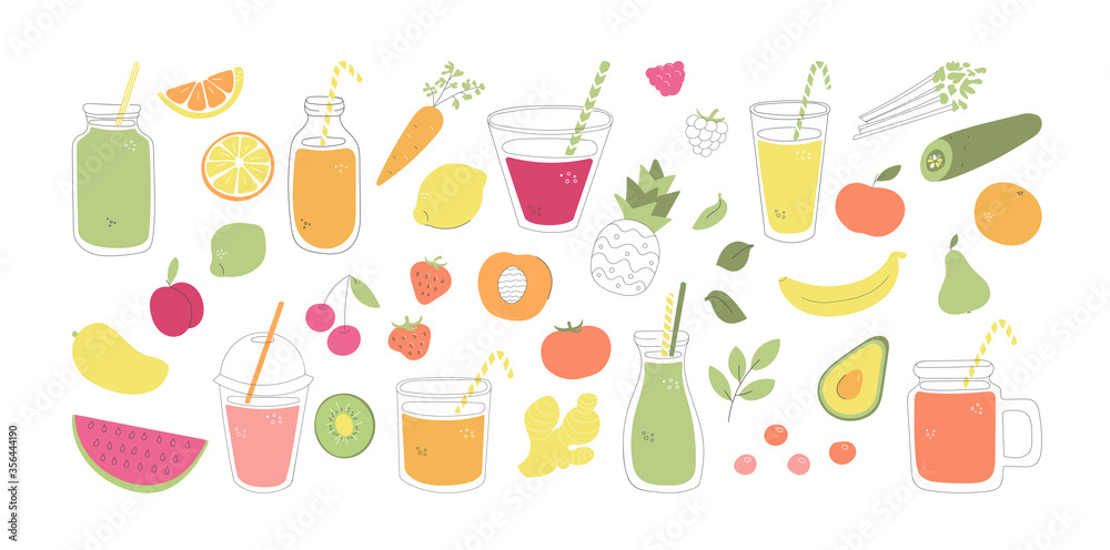 Set of fruit, vegetable, and berry smoothies. Collection of fresh food and drinks in flat style. Summer juice beverages made of fruits. Collection of whimsical food elements isolated on white. Set of fruit, vegetable, and berry smoothies. Collection of fresh food and drinks in flat style. Summer juice beverages made of fruits. Collection of whimsical food elements isolated on white.