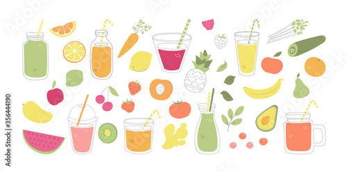 Set of fruit, vegetable, and berry smoothies. Collection of fresh food and drinks in flat style. Summer juice beverages made of fruits. Collection of whimsical food elements isolated on white.