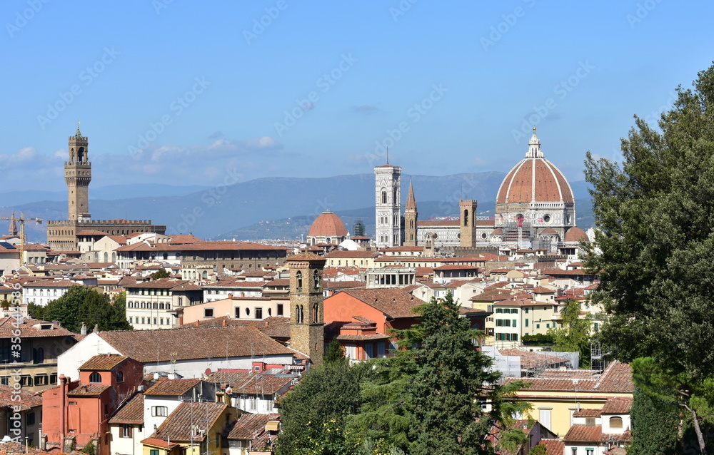 Florence cityscape with the Palazzo Vecchio and the Cattedrale di Santa Maria del Fiore with the Campanile di Giotto and Brunelleschis Dome. Firenze, Italy.