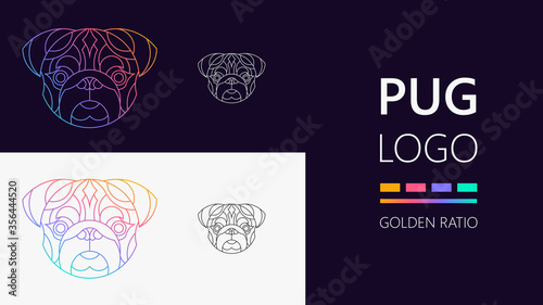 Pug Logo, with golden ratio technique and gradient color, outline vector icon. Cute face pet vector illustration.
