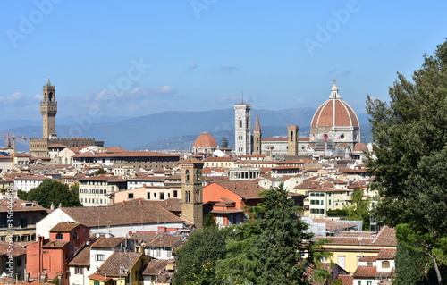 Florence cityscape with the Palazzo Vecchio and the Cattedrale di Santa Maria del Fiore with the Campanile di Giotto and Brunelleschis Dome. Firenze, Italy.