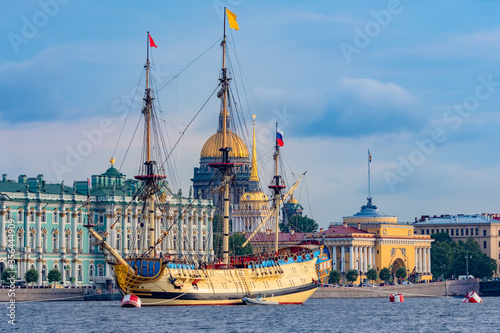 Saint Petersburg. Russia. Large sailing ship in the center of St. Petersburg. Battleship Poltava. Sailing ship sailing along the Neva. Petersburg in sunny weather. Palace Embankment. Russian fleet photo