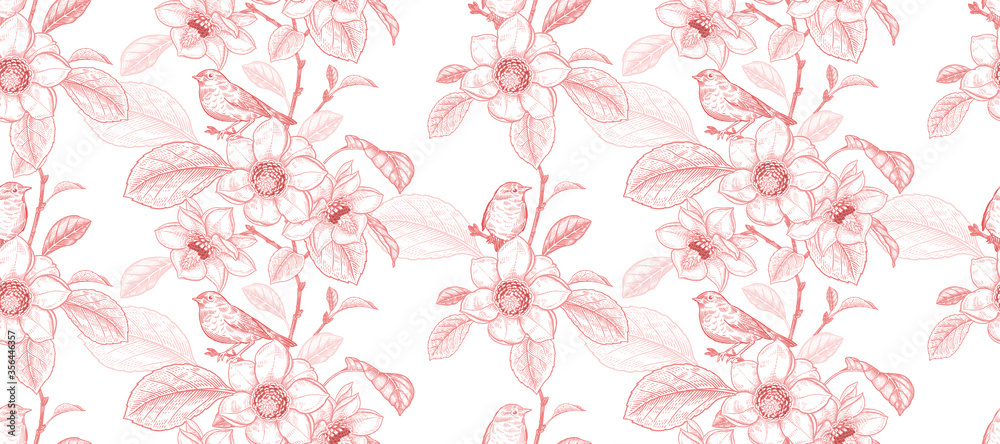 Red and white seamless pattern. Blooming magnolia tree and little cute birds. Red and white seamless pattern. Blooming magnolia tree and little cute birds.