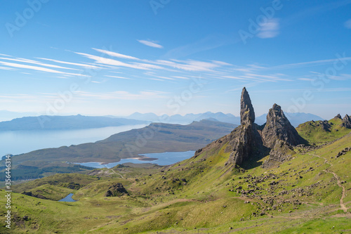 Old man of storr landscape under blue sky during summer. Area for trekking and outdoor activity with beautiful landscape. 