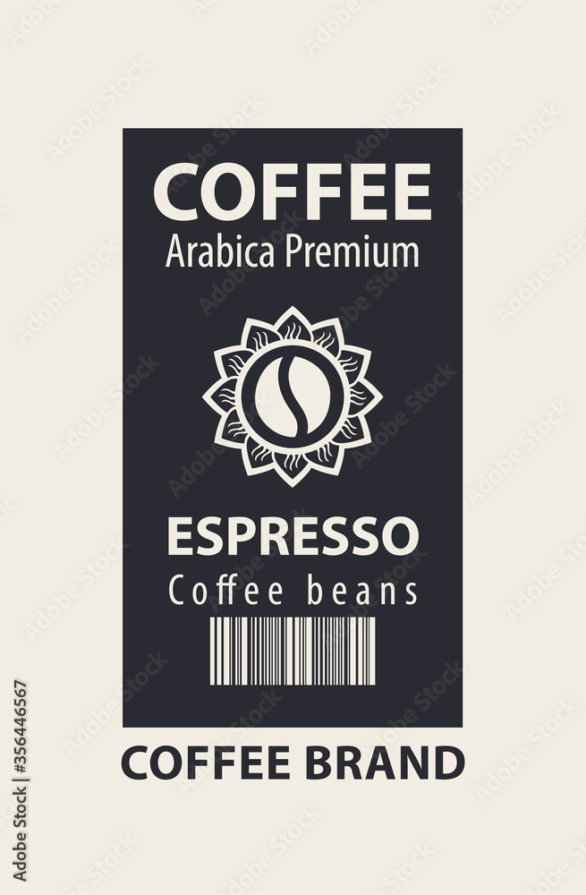 Obraz premium Coffee label for coffee beans. Vector label with a decorative coffee bean in flower, barcode and words Espresso, Arabica premium
