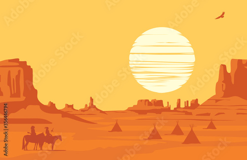 Vector Western landscape at orange sunset with silhouettes of Indians on horseback and indian wigwams at the wild American prairies. Decorative illustration, Wild West vintage background