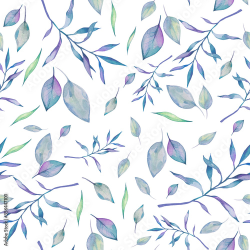 Watercolor pattern with blue and green leaves, background for design